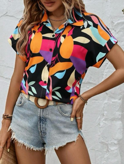 Kadın Moss Krep Kumaş Kısa Kol Çiçek Desenli Gömlek