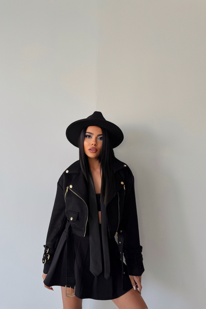 SÜET CROP CEKET KOL 3 KEMER DETAYLI - Siyah