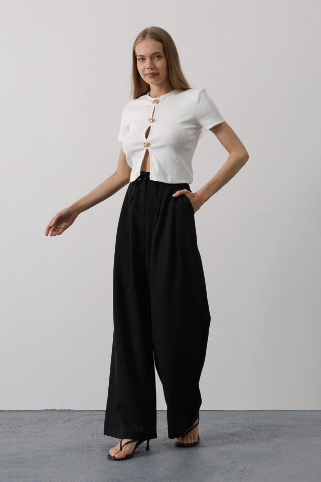 Pileli Bağcıklı Oversize Pantolon - Siyah