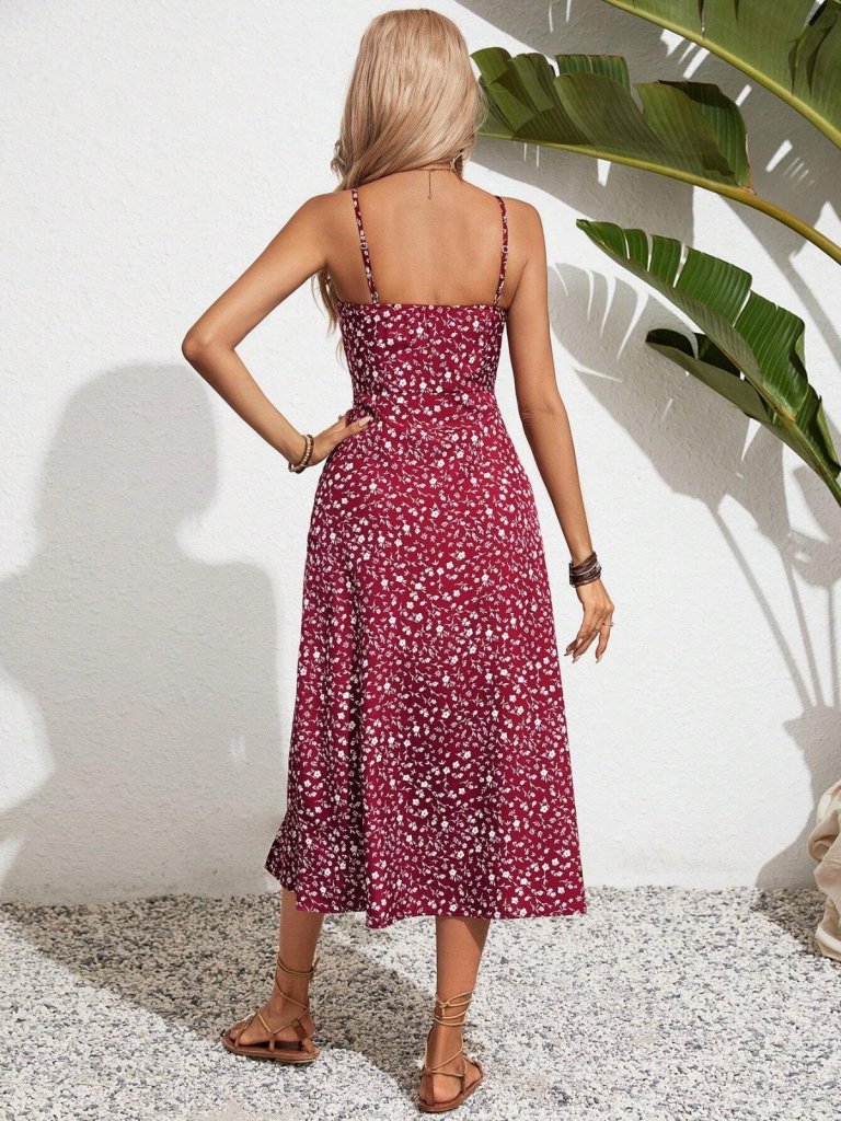 Kadın Ip Askılı Geniş V Yaka Bağcıklı Yandan Yırtmaçlı çiçek Desenli Midi Süprem Elbise