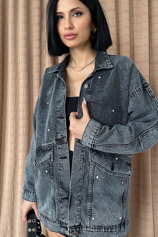 Siyah Taşlı Kot Ceket