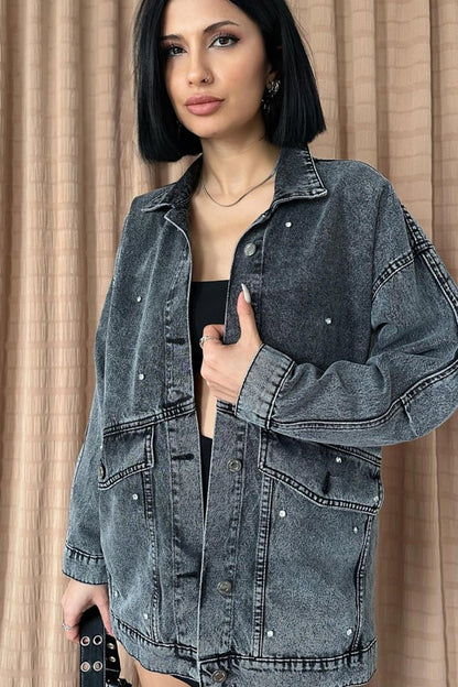 Siyah Taşlı Kot Ceket