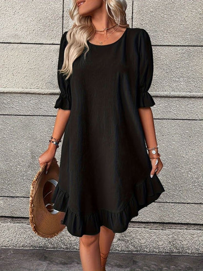 Kadın Kısa Kollu Kol Ve Eteği Volanlı Bisiklet Yaka Aerobin Elbise