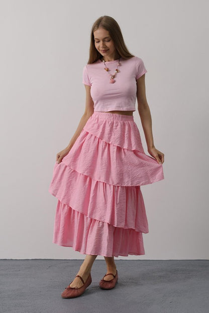 Katlı Kesim Uzun Etek - Pembe