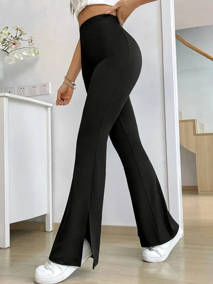 Kadın Yüksek Bel Paçaya Doğru Genişleyen Yandan Yırtmaçlı Dalgıç Pantolon