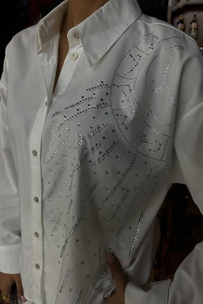 Ay Figürlü Taş İşlemeli Poplin Gömlek 3440