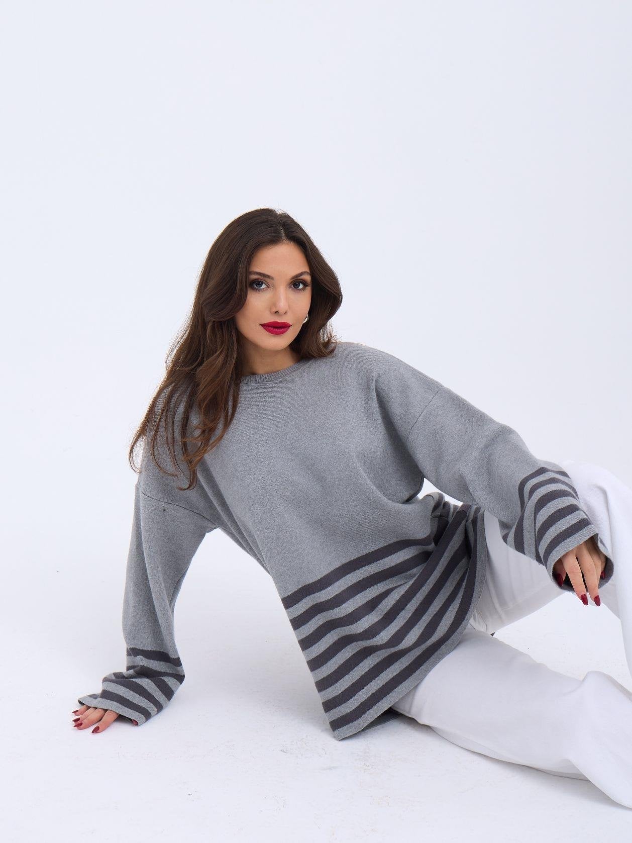 42381 TRİKO ÇİZGİLİ KAZAK-GRİ-ANTRASİT