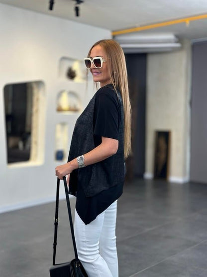 Kadın Kısa Kollu Bisiklet Yaka Yelek Bluz Asimetrik Kesim İkili Takım