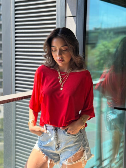 Kadın Tek Omuzu Açık Kısa Kollu Salaş Viskon Bluz