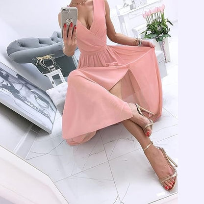 Kadın şifon Kumaş V Yaka Sıfır Kol Maxi Boy Elbise