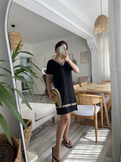 Kadın Kısa Kollu V Yakalı Etnik Desen şerit Detaylı Viskon Elbise