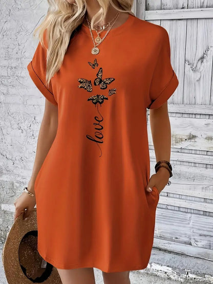 Kadın Kısa Kollu Bisiklet Yaka Cepli Kelebek Baskılı Viskon Elbise