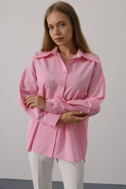 Taşlı Sivri Yaka Gömlek - Pembe