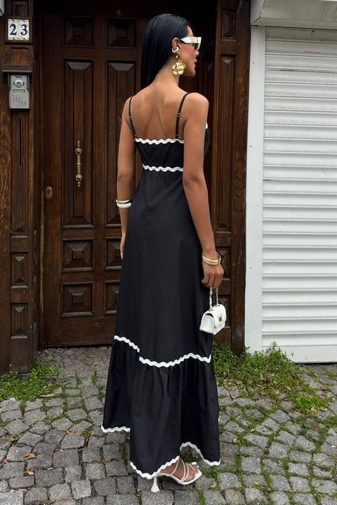 Dalgalı Şerit Detay Askılı Poplin Elbise 2876