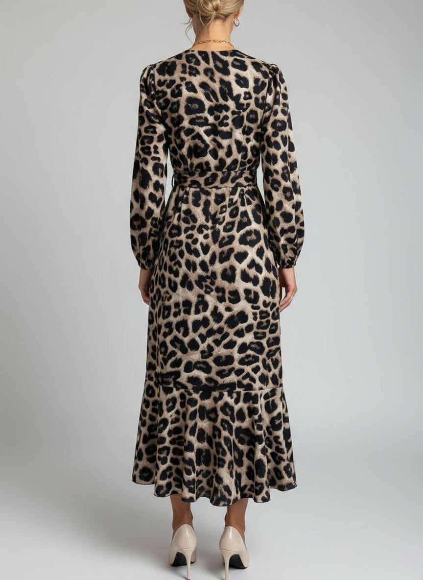 Kadın Uzun Kollu Kruvaze Yakalı Belden Kuşaklı Leopar