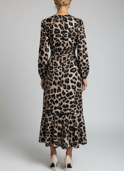 Kadın Uzun Kollu Kruvaze Yakalı Belden Kuşaklı Leopar