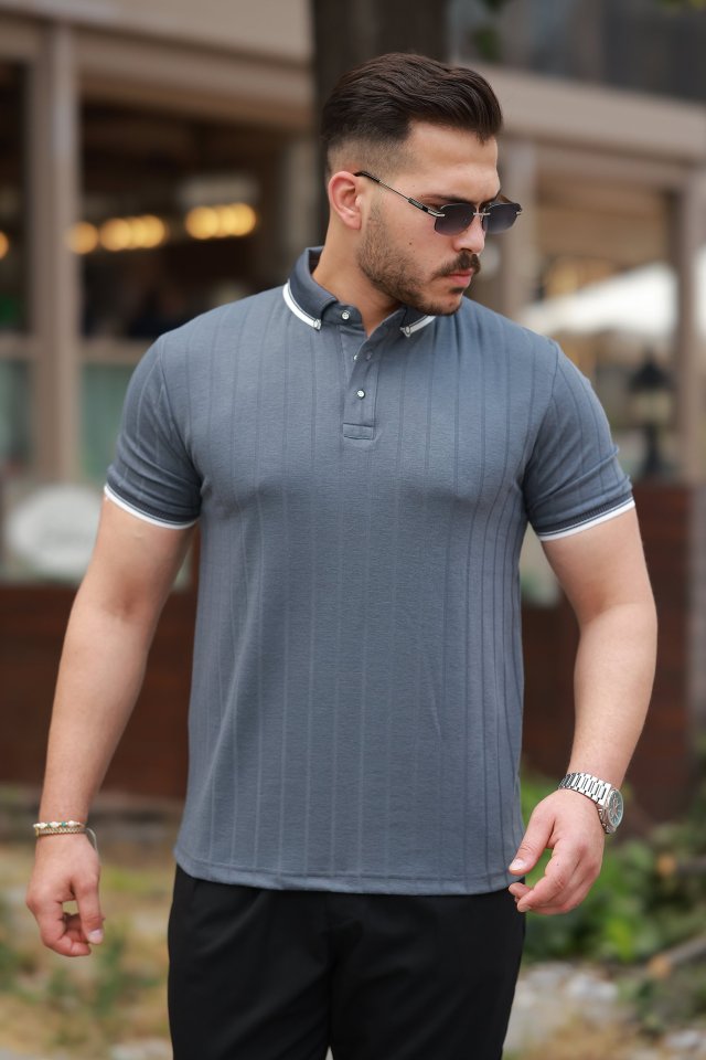 Erkek Düğme Yakalı Jakar Kumaş Kısa Kollu Tişört