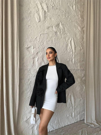 ÇİZGİLİ POLYVİSCON CEKET GÜL ARMALI - Siyah