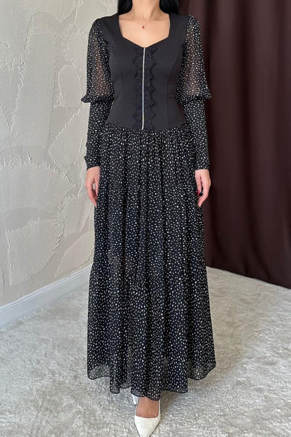 Siyah Dantelli Taşlı Şeritli Elbise