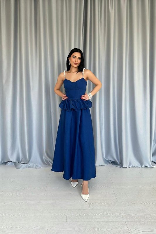 Lacivert Beli Büzgülü İnci Askılı Uzun Elbise