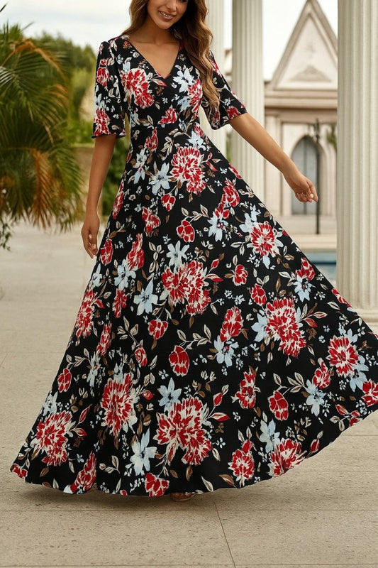 Kadın Kısa Kollu V Yakalı Desenli Süprem Elbise