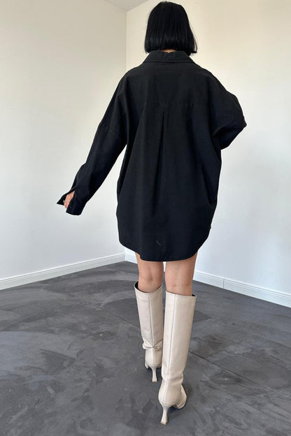 Siyah Boyamalı Keten Baskılı Taşlı Gömlek