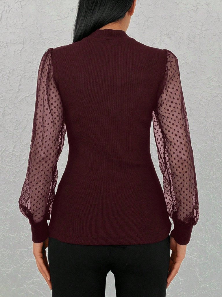 Kadın Uzun Kollu Tül Detaylı Yarım Balıkçı Yaka Kaşkorse Bluz