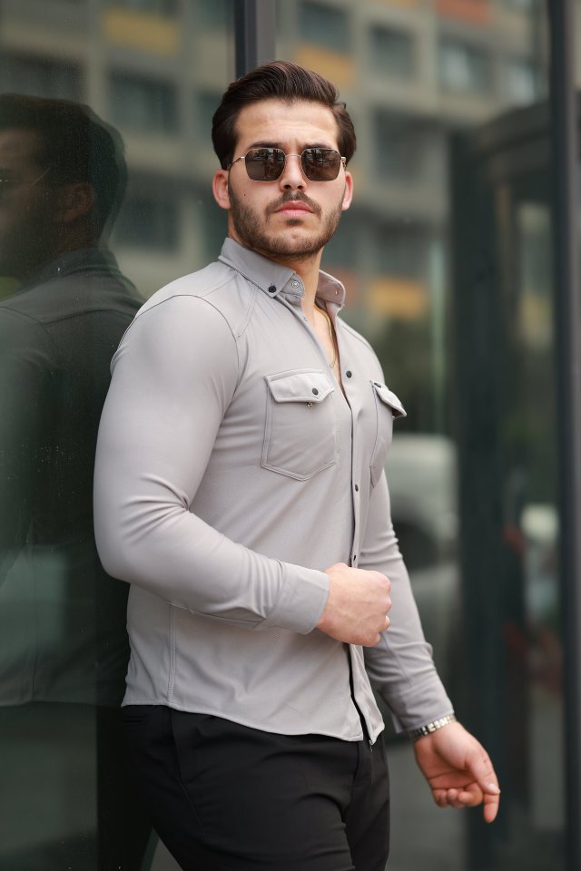 Erkek çift Cepli çıtçıt Düğmeli Uzun Kollu Gömlek