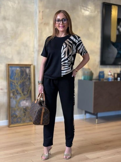 Kadın Bisiklet Yaka Kısa Kol Leopar Desen Bluz Ve Pantolon Ikili Takım