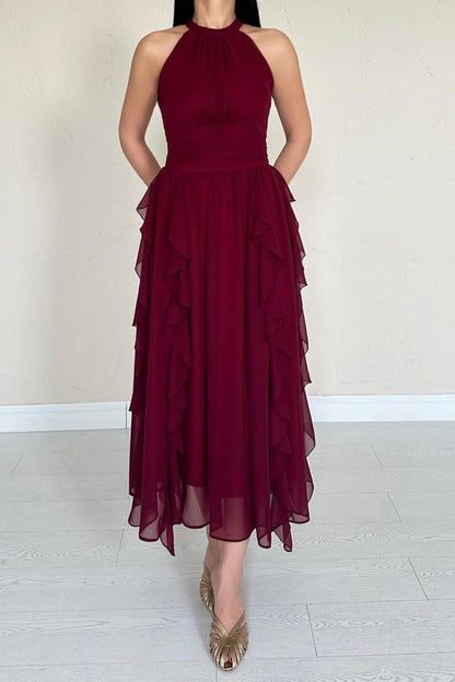 Bordo Önü Büzgülü Fırfırlı Elbise