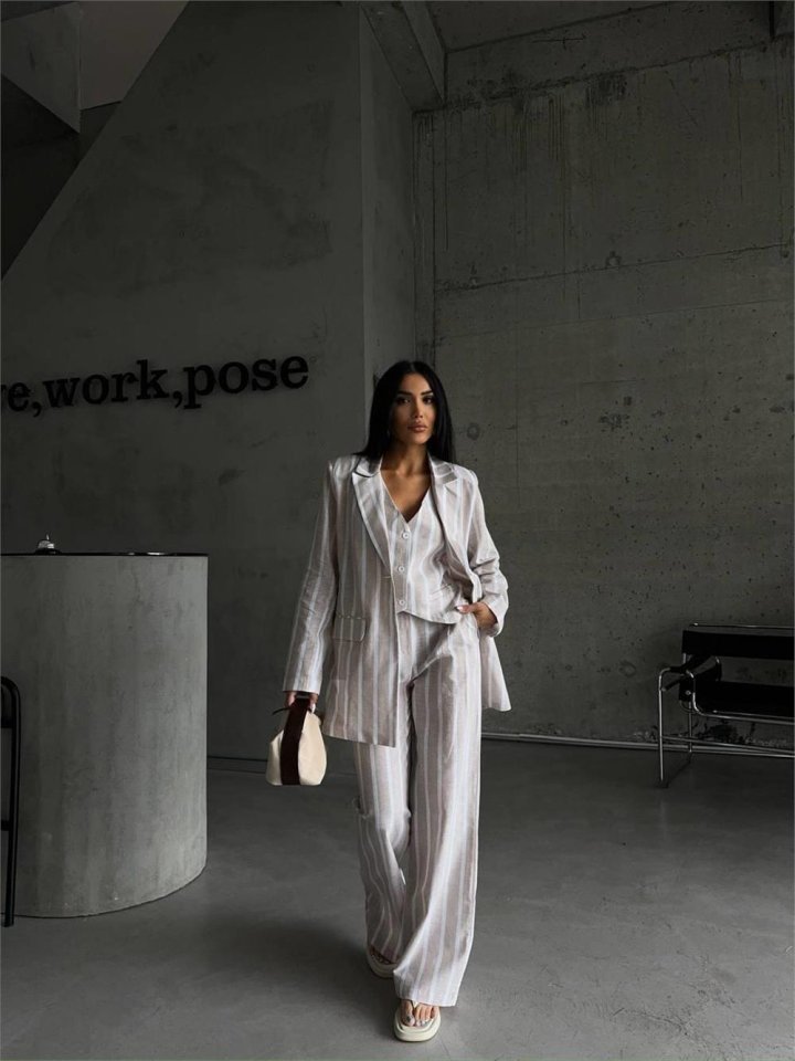 ÇİZGİLİ KETEN YELEK-PANTOLON TAKIM - Bej