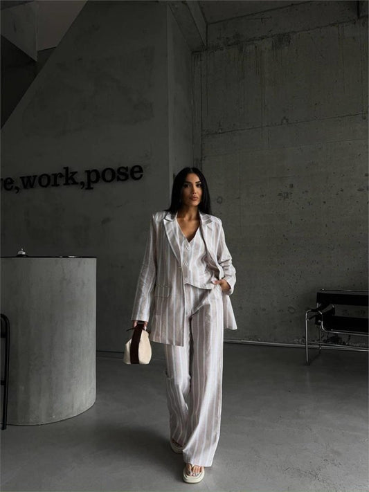 ÇİZGİLİ KETEN YELEK-PANTOLON TAKIM - Bej