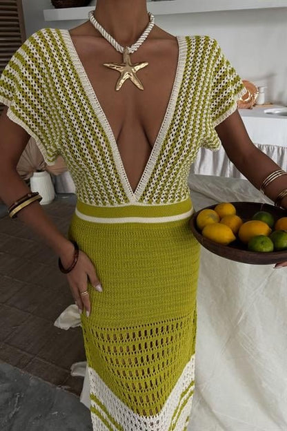 Omuzu Çizgili Ajurlu Triko Elbise 2868