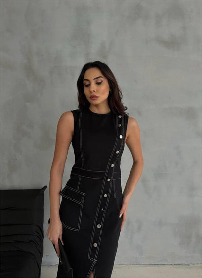 GABARDİN KALEM ELBİSE DÜĞME VE YIRTMAÇ DETAYLI - Bej