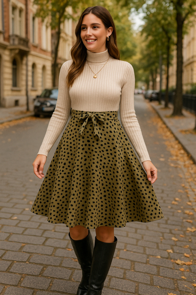 Kadın Uzun Kollu Balıkçı Yaka Belden Bağlamalı üst Kaşkorse Eteği Dalgıç Elbise