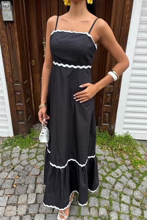 Dalgalı Şerit Detay Askılı Poplin Elbise 2876