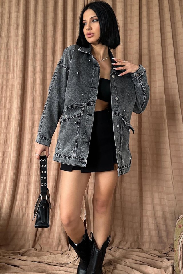 Siyah Taşlı Kot Ceket