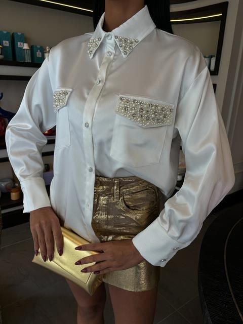 Yaka Ve Cep İnci Taşlı Saten Gömlek 3423