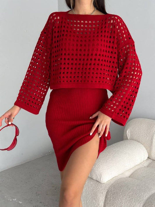 Kadın Delikli Kazak Askılı Elbise Triko Kumaş Ikili Takım