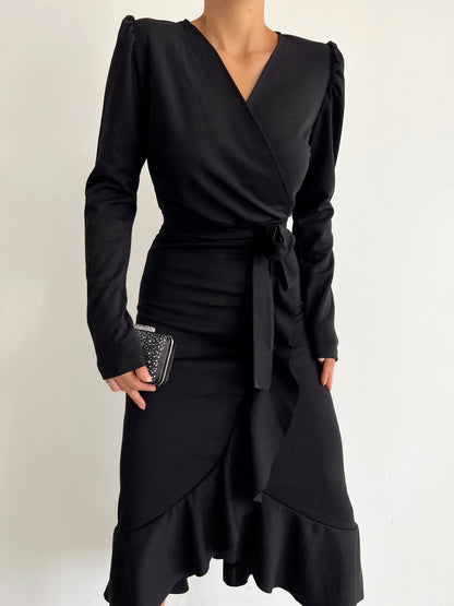 Krep Kumaş Midi Boy Kuşaklı Uzunkol Elbise 113 Cm