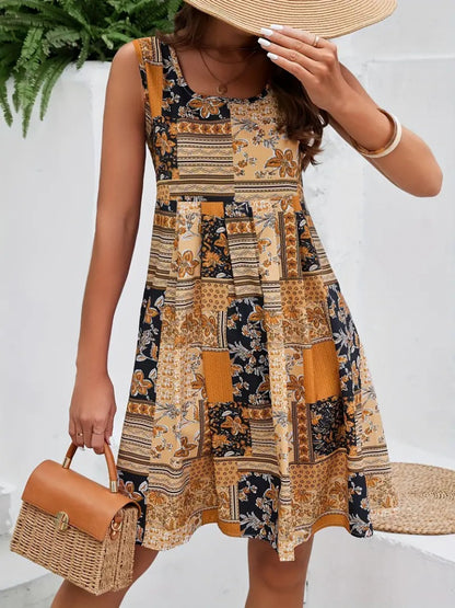 Kadın Sıfır Kol Yuvarlak Yaka çiçek Desenli Süprem Elbise