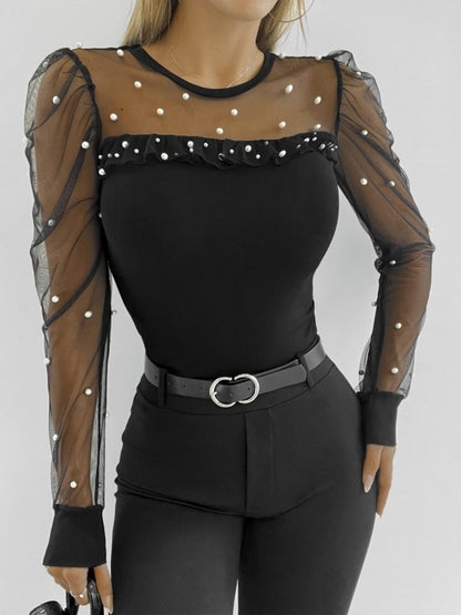 Kadın Uzun Kollu Kol Ve Yaka Tül Ve Inci Detay Viskon Bluz