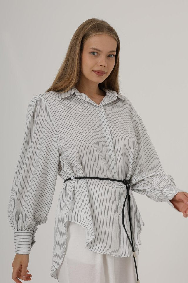 Simli Çizgili Kemerli Gömlek - Beyaz