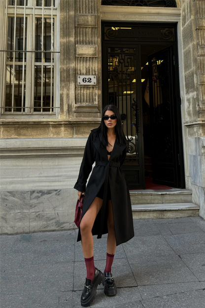 SÜET UZUN KABAN - Siyah