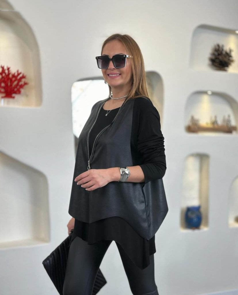 Kadın Uzun Kollu Asimetrik Kesim Viskon Bluz Ve çatlak Deri Görünümlü Yelek Ikili Takım