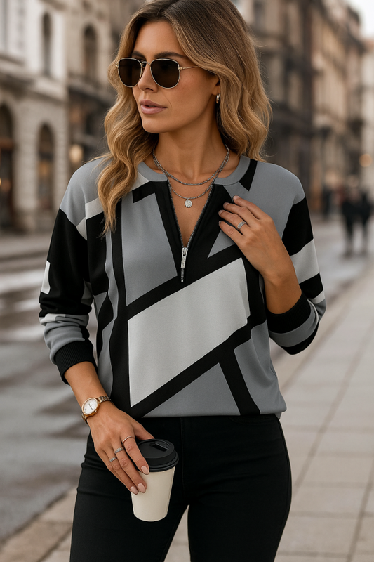 Kadın Uzun Kollu Yuvarlak Yaka Fermuarlı Desenli şardonlu Bluz