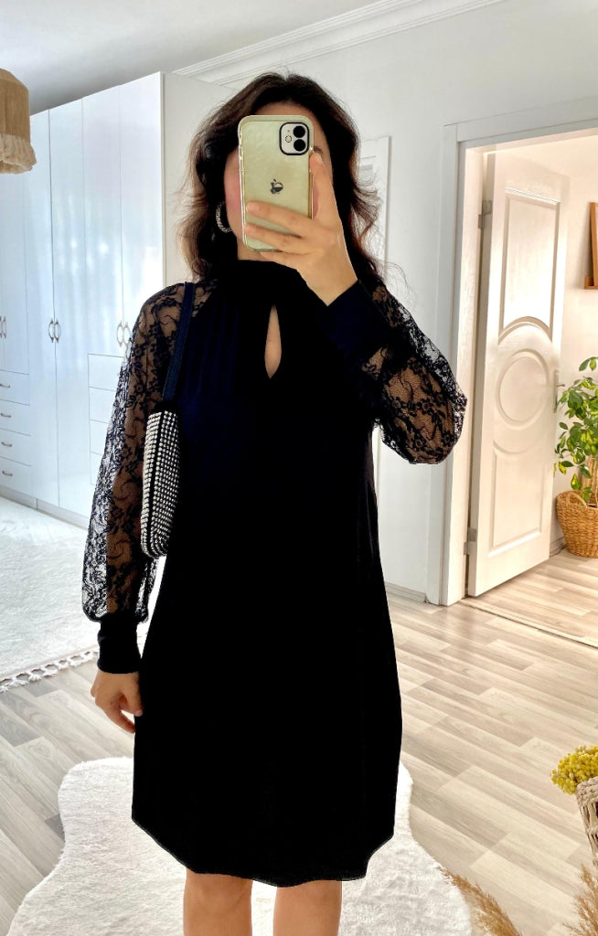 Kadın Uzun Kollu Damla Detaylı Sandy Mini Elbise