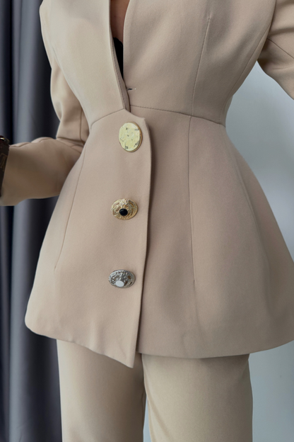 TASARIM CEKET-PANTOLON TAKIM METAL DÜĞME DETAYLI - Bej