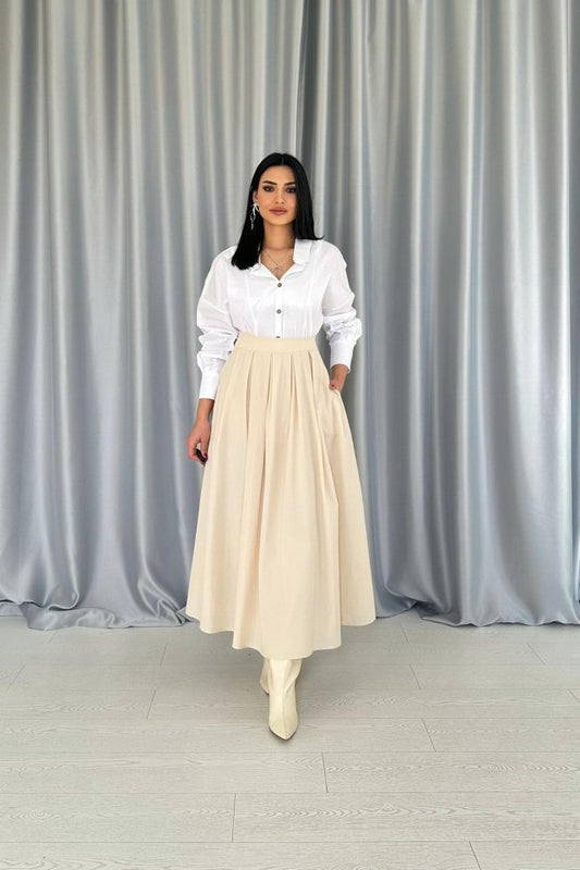 Bej Uzun Pileli Etek