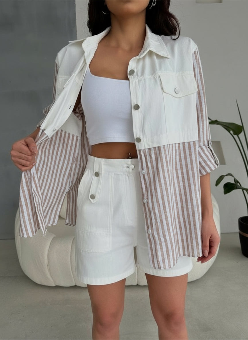 GABARDİN ŞORT - GABARDİN - ÇİZGİLİ KETEN GARNİLİ CEKET TAKIM - Kahverengi